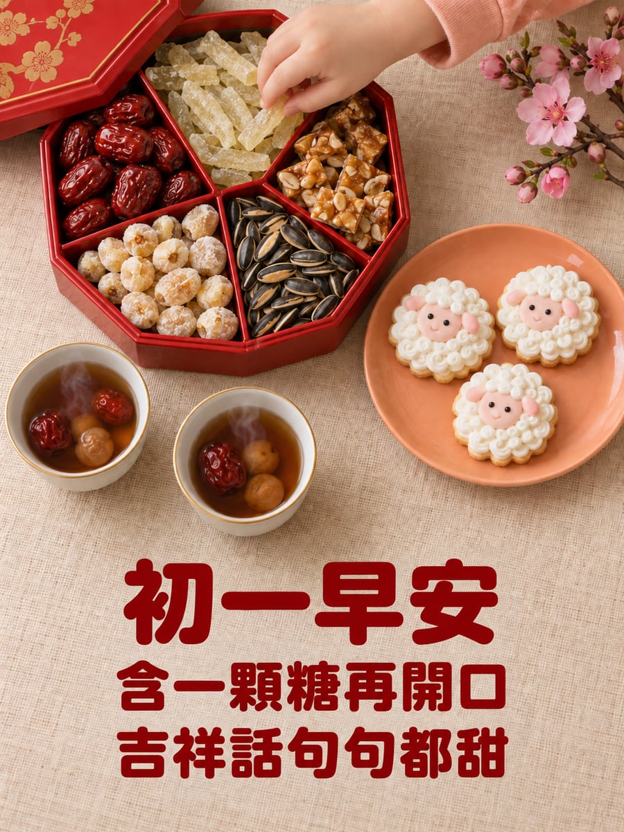 甜料盒旁的糖霜餅乾小羊。圖中文字：初一早安，含一顆糖再開口，吉祥話句句都甜