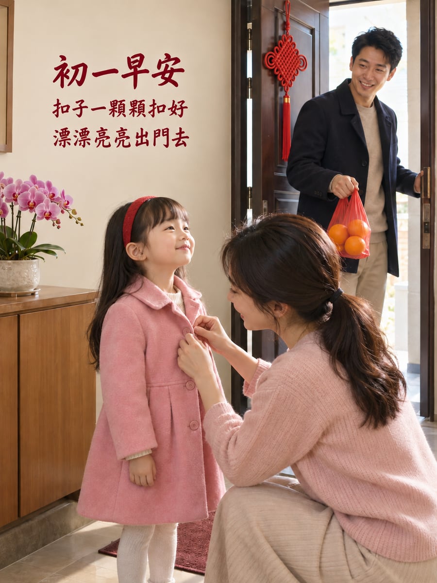 玄關扣好新衣準備出門。圖中文字：初一早安，扣子一顆顆扣好，漂漂亮亮出門去