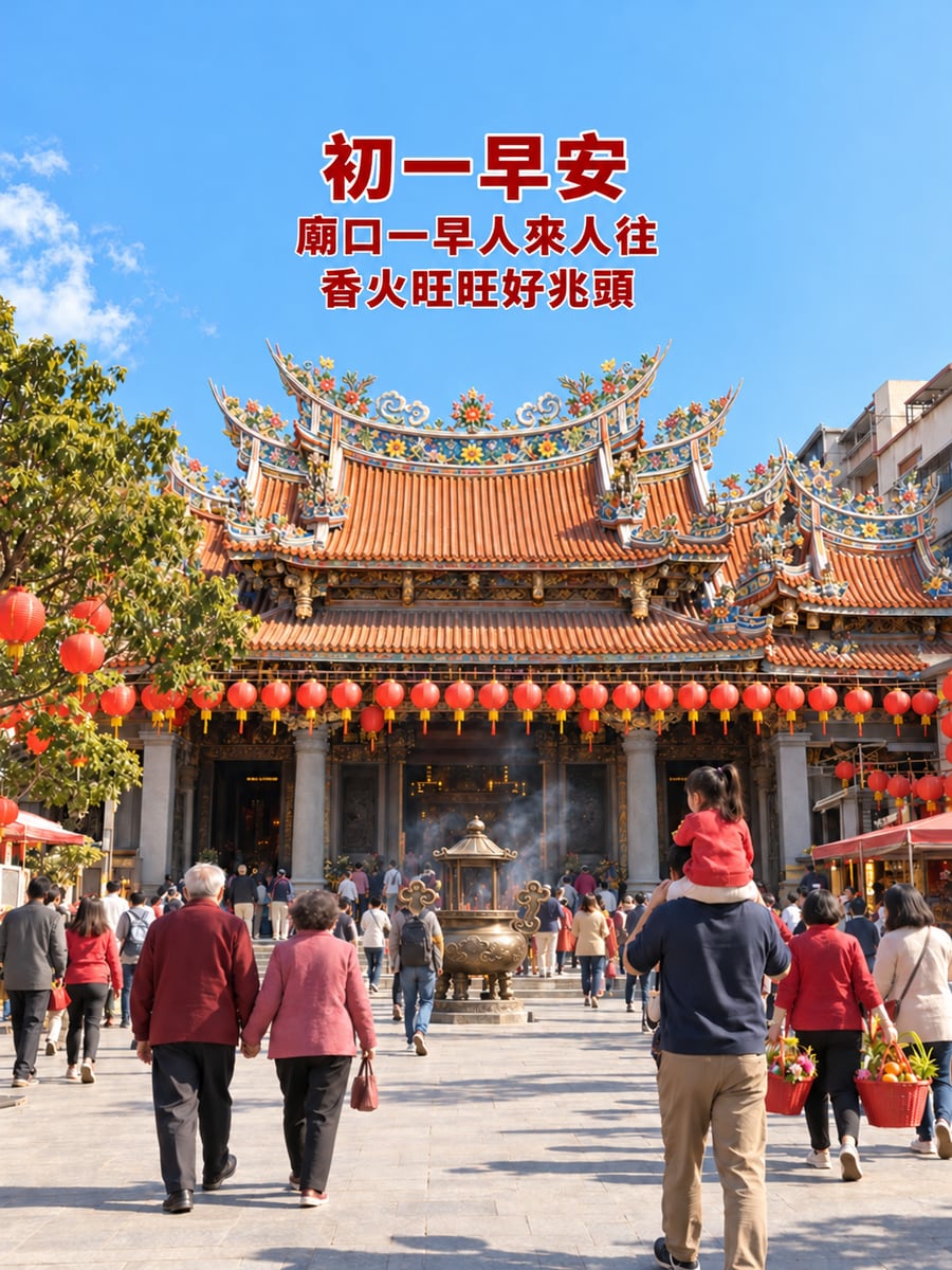 大甲鎮瀾宮上午的廟前廣場。圖中文字：初一早安，廟口一早人來人往，香火旺旺好兆頭