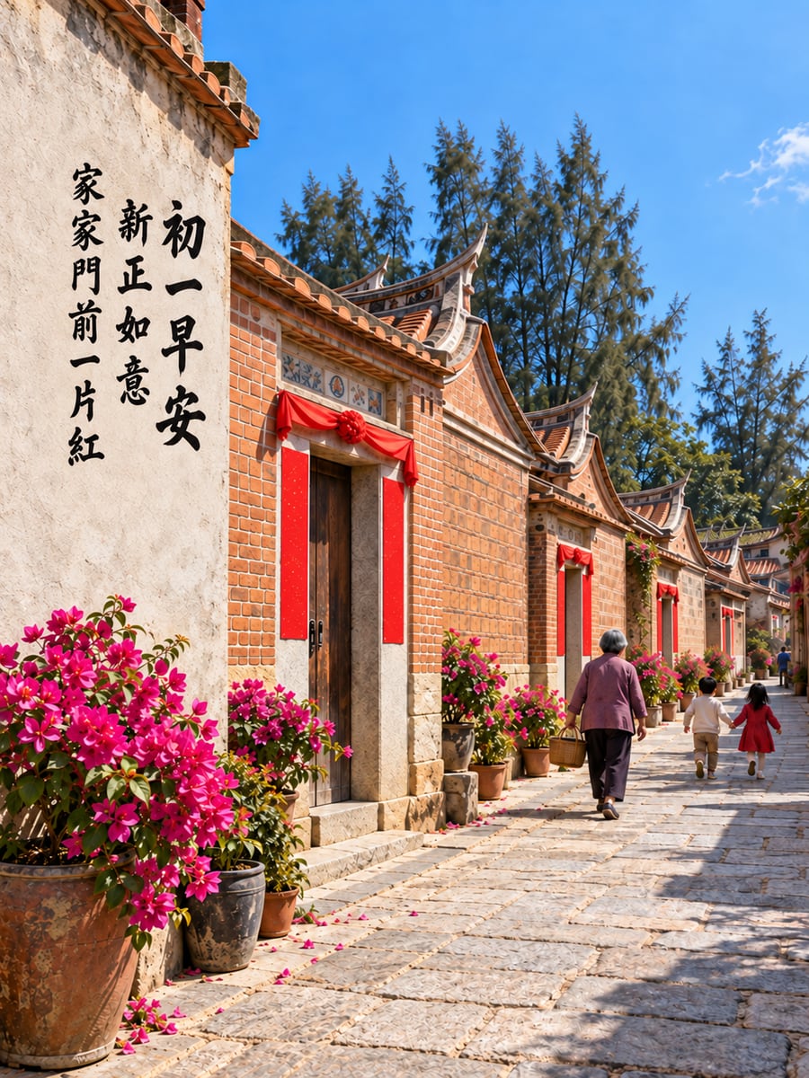 金門閩南聚落家家貼春聯。圖中文字：初一早安，新正如意，家家門前一片紅