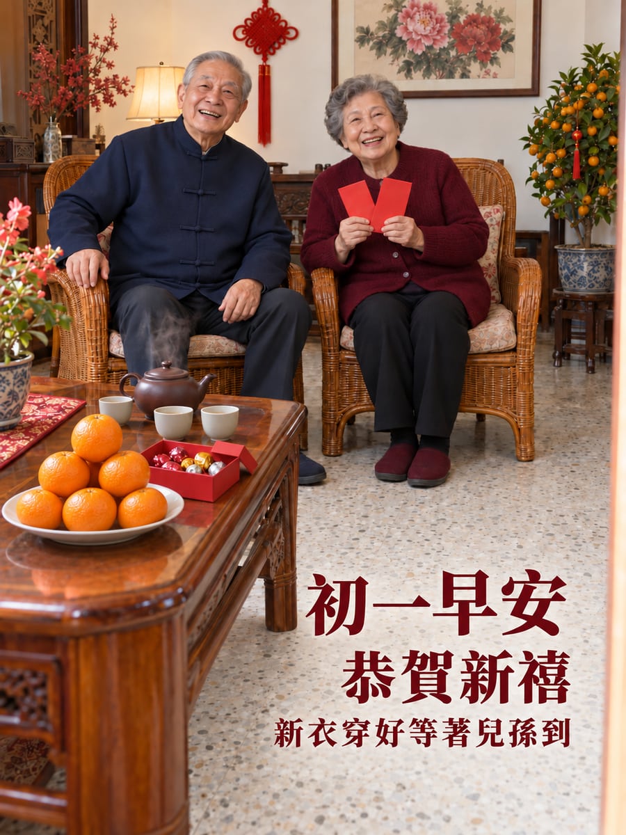 穿好新衣等孫子的兩老。圖中文字：初一早安，恭賀新禧，新衣穿好等著兒孫到