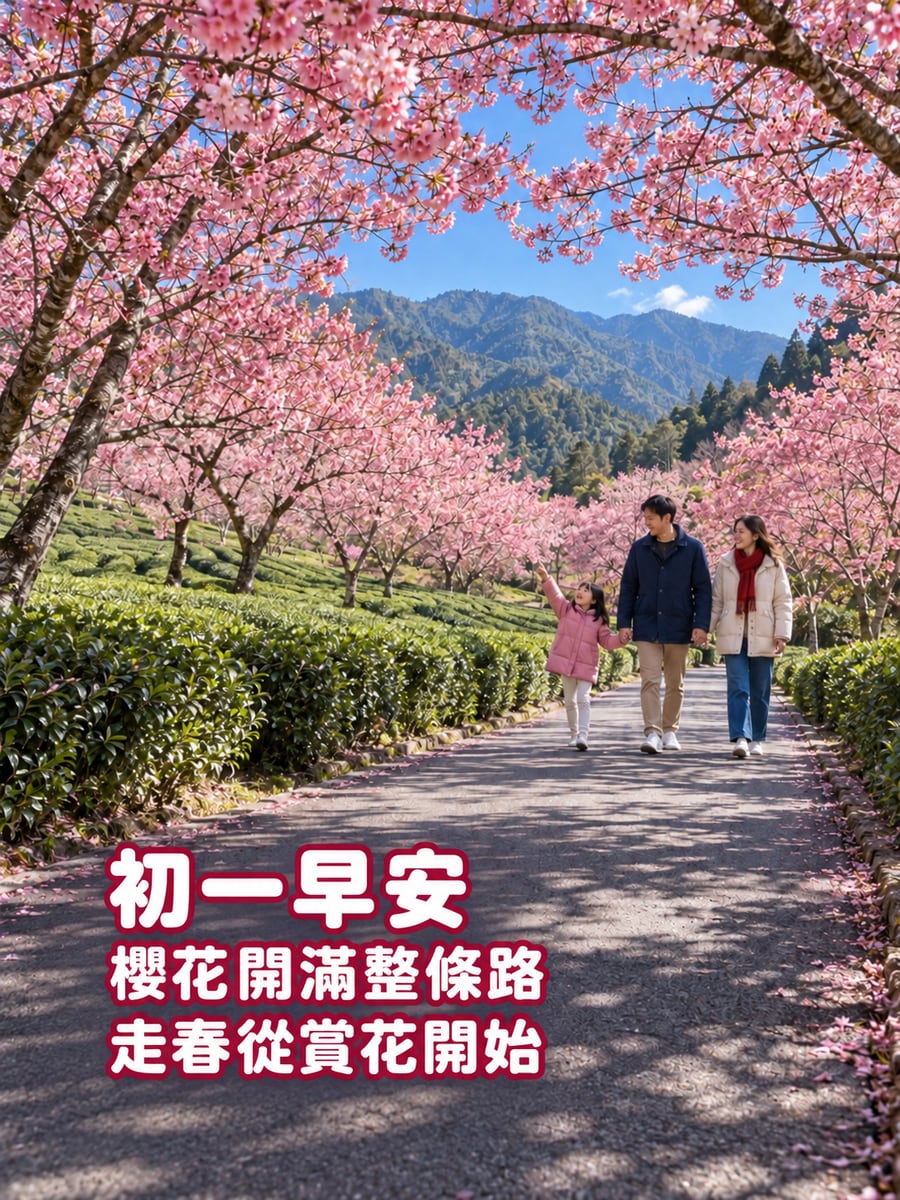 武陵農場櫻花步道走春。圖中文字：初一早安，櫻花開滿整條路，走春從賞花開始