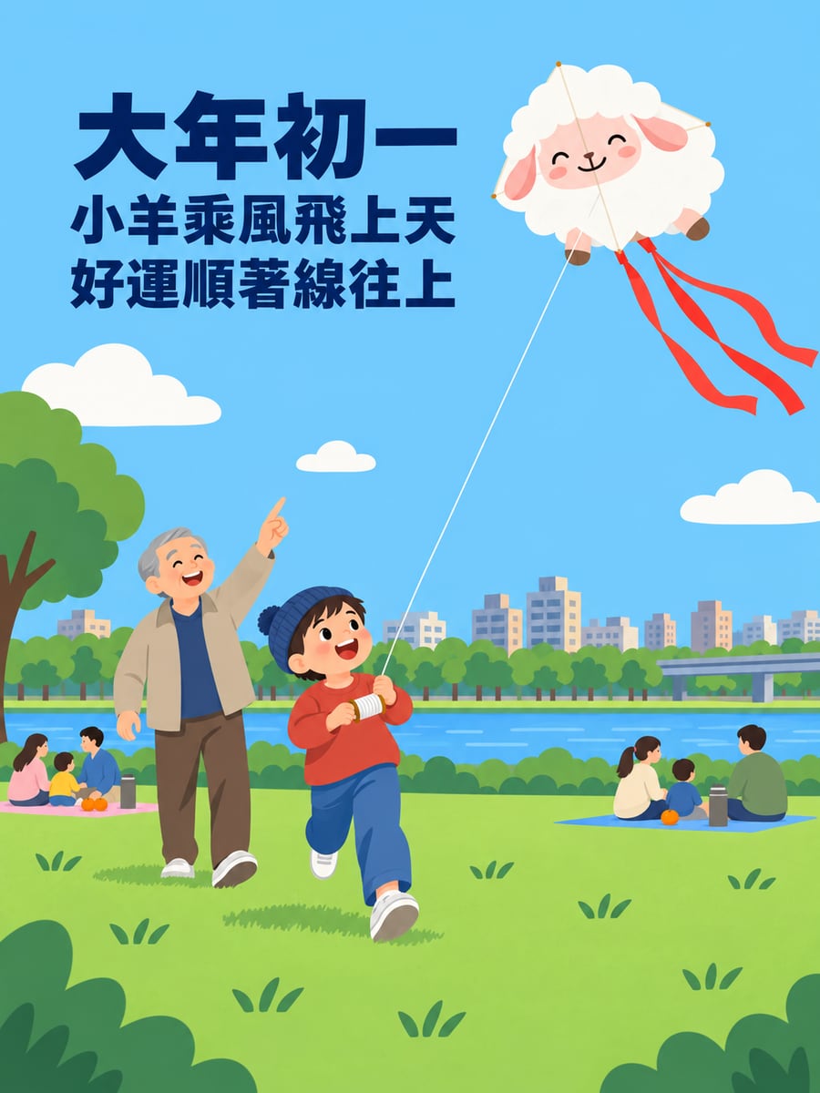 河濱草地放小羊風箏。圖中文字：大年初一，小羊乘風飛上天，好運順著線往上