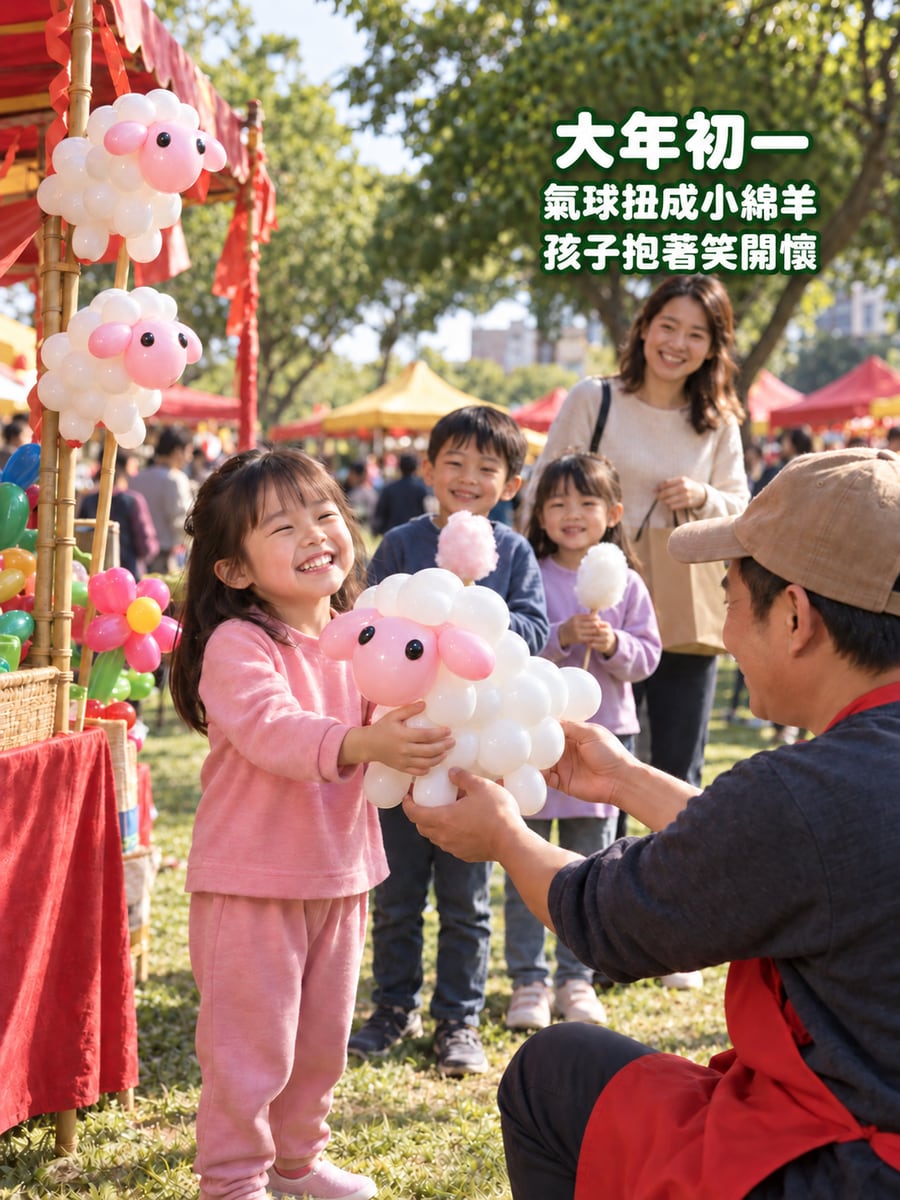 新春園遊會的造型氣球羊。圖中文字：大年初一，氣球扭成小綿羊，孩子抱著笑開懷