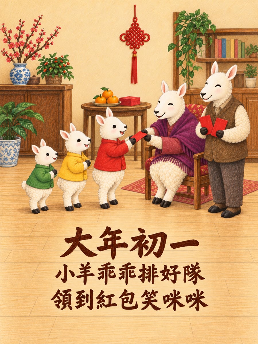 排隊領紅包的三隻小羊。圖中文字：大年初一，小羊乖乖排好隊，領到紅包笑咪咪