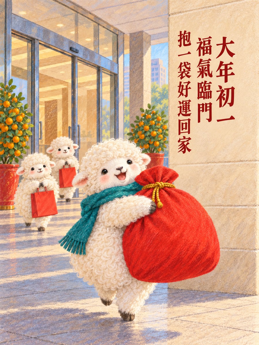 抱著福袋的圓臉小羊。圖中文字：大年初一，福氣臨門，抱一袋好運回家