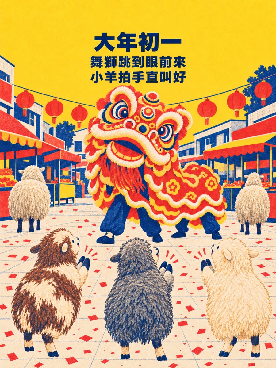 小羊拍手看舞獅。圖中文字：大年初一，舞獅跳到眼前來，小羊拍手直叫好