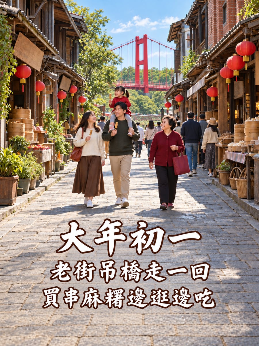 老街與紅吊橋走春。圖中文字：大年初一，老街吊橋走一回，買串麻糬邊逛邊吃