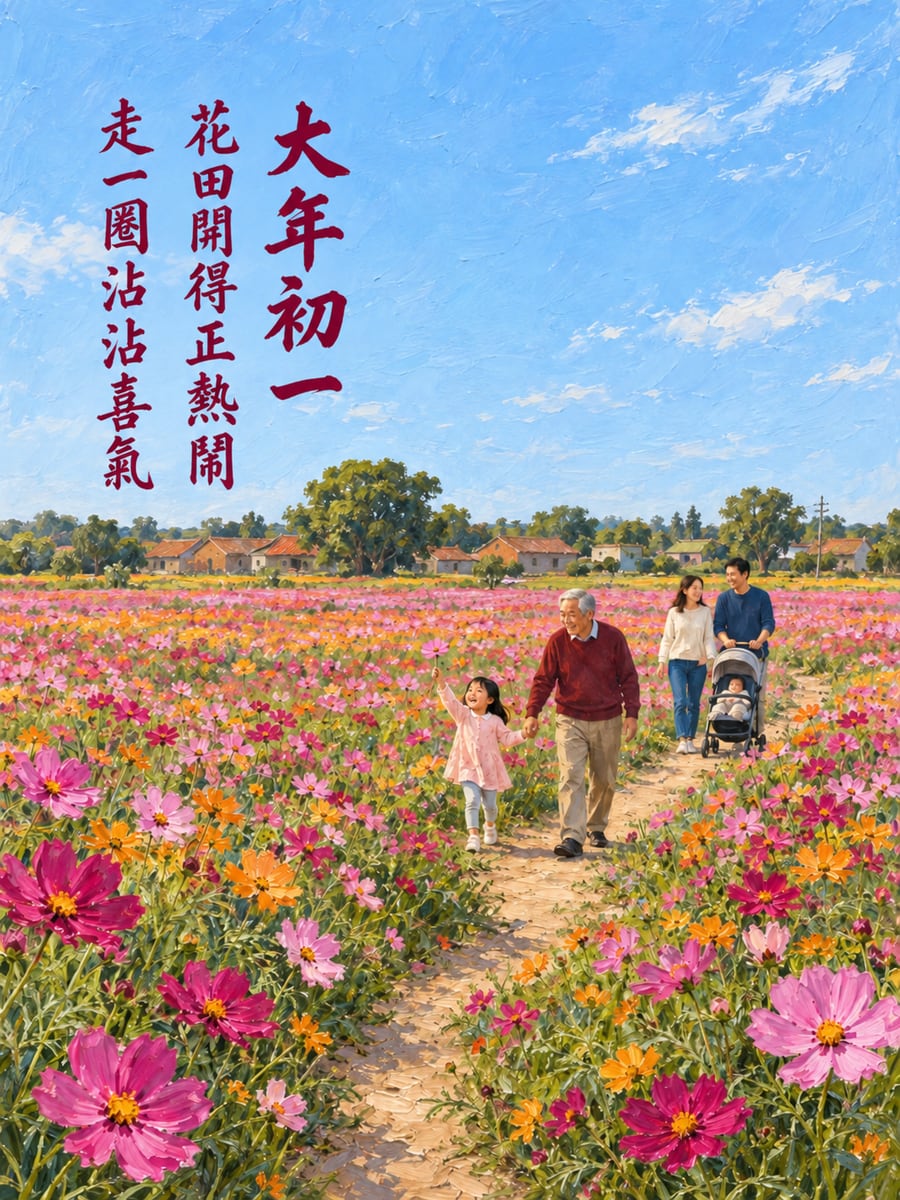 休耕田花田走春。圖中文字：大年初一，花田開得正熱鬧，走一圈沾沾喜氣