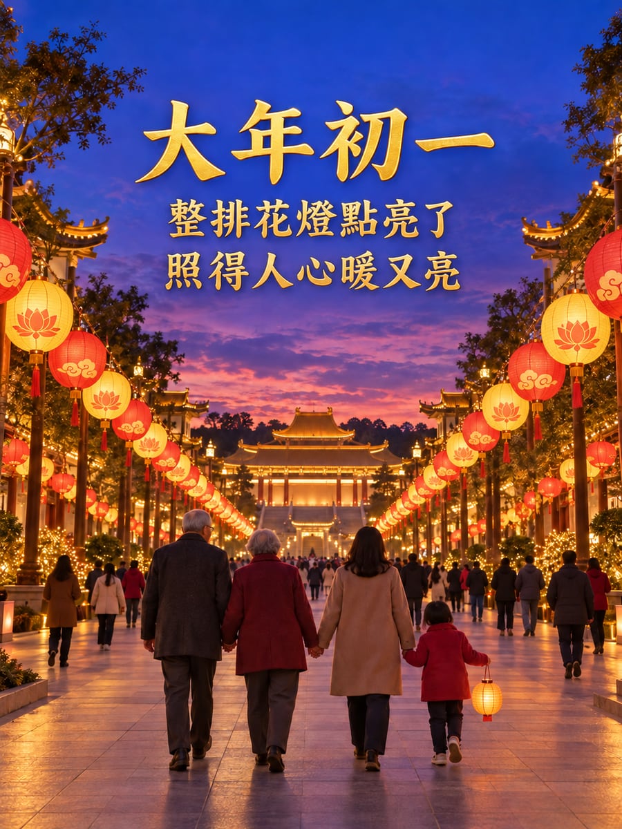 佛光山春節平安燈法會的花燈。圖中文字：大年初一，整排花燈點亮了，照得人心暖又亮
