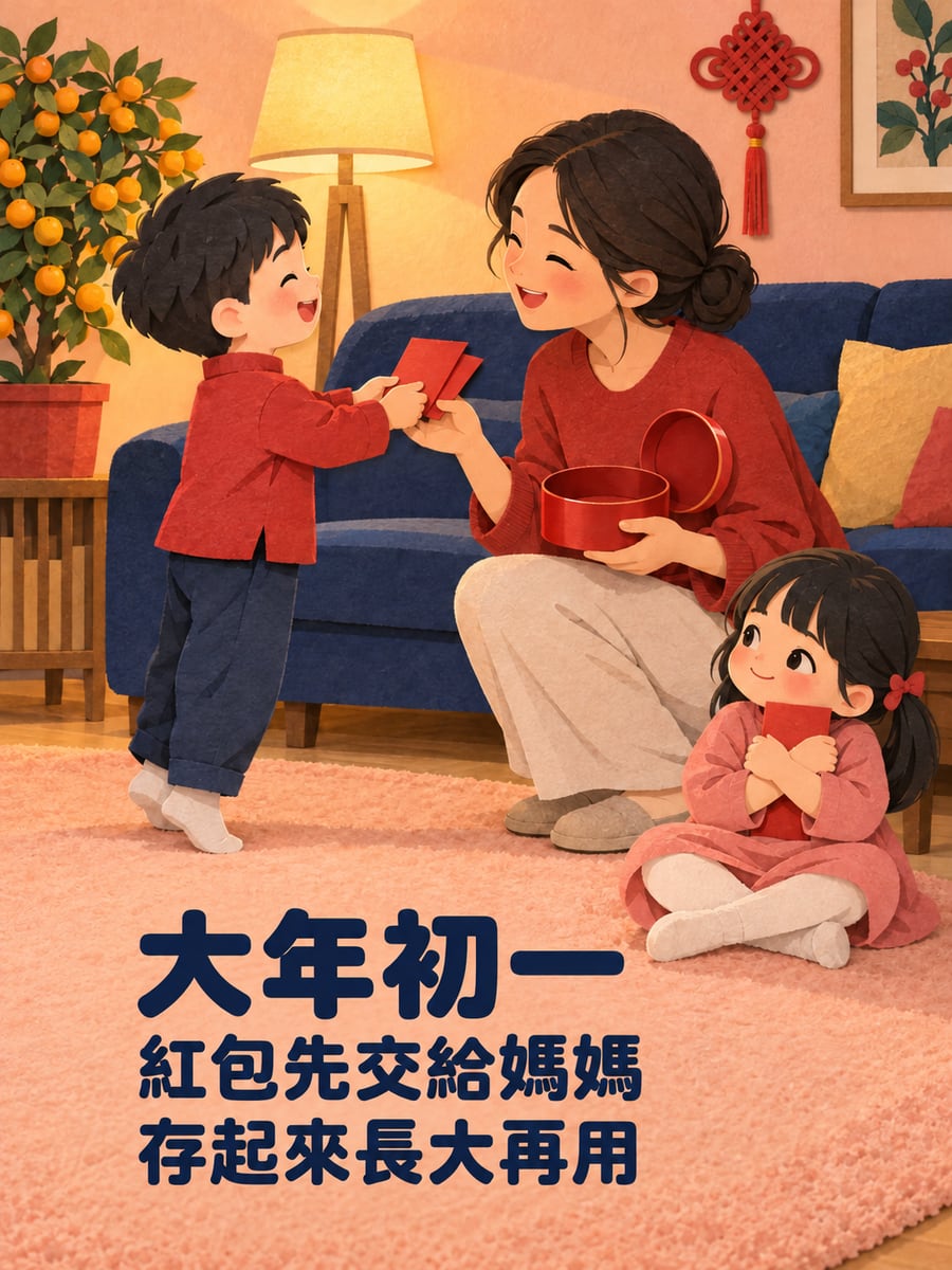 紙雕紅包交給媽媽保管。圖中文字：大年初一，紅包先交給媽媽，存起來長大再用