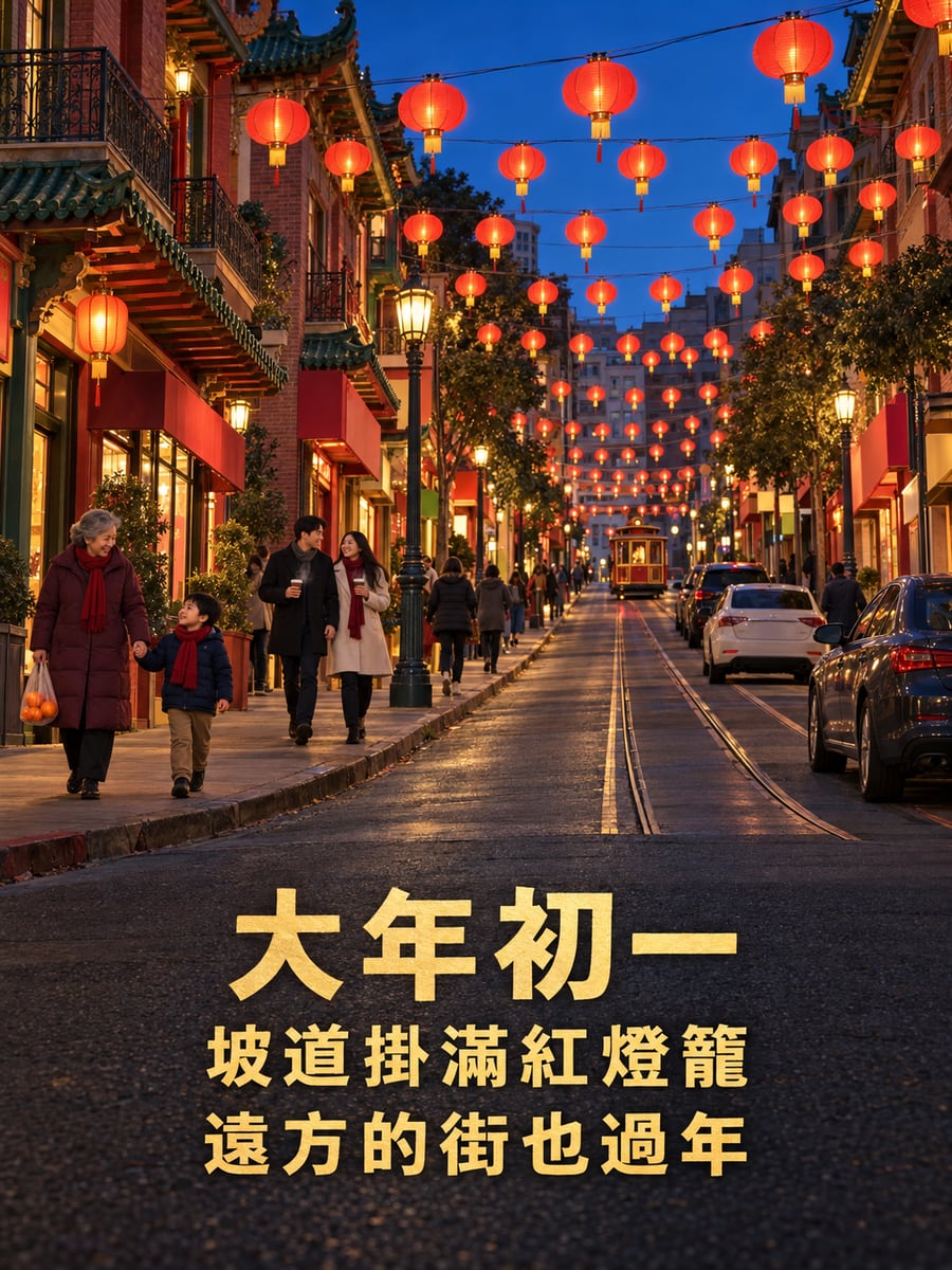 舊金山唐人街的紅燈籠坡道。圖中文字：大年初一，坡道掛滿紅燈籠，遠方的街也過年