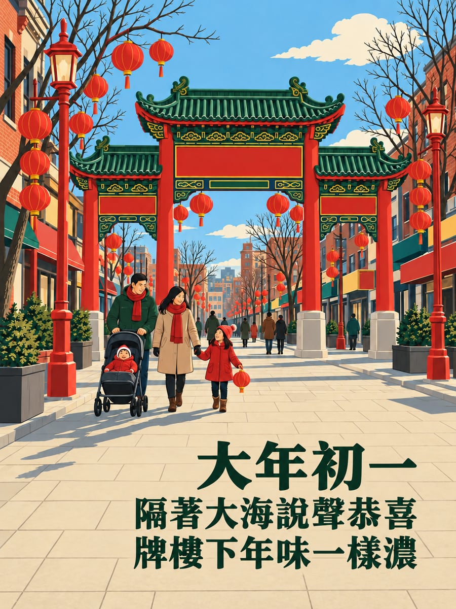 溫哥華唐人街牌樓套色版畫。圖中文字：大年初一，隔著大海說聲恭喜，牌樓下年味一樣濃