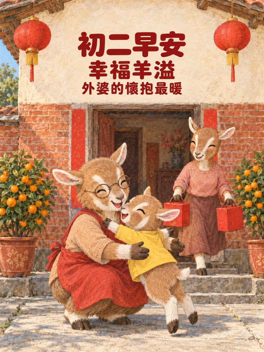 撲向羊外婆的小山羊。圖中文字：初二早安，幸福羊溢，外婆的懷抱最暖
