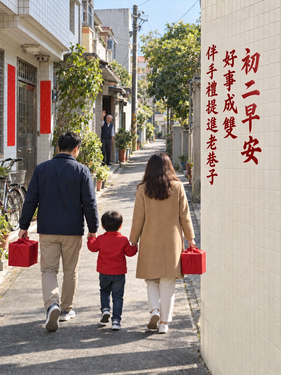 提著成雙禮盒走進老家巷子。圖中文字：初二早安，好事成雙，伴手禮提進老巷子