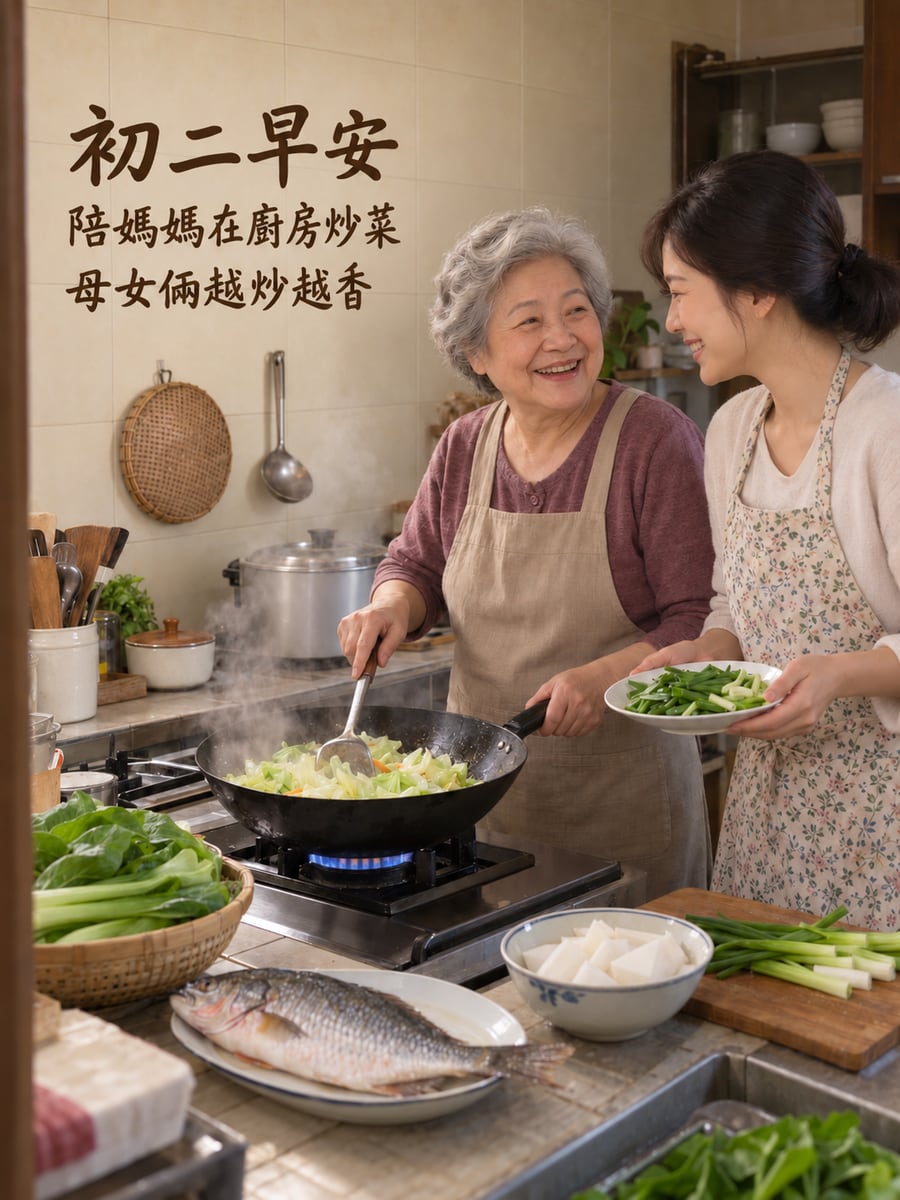母女在廚房一起炒菜。圖中文字：初二早安，陪媽媽在廚房炒菜，母女倆越炒越香