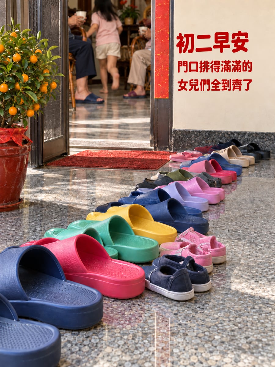 娘家門口排滿的拖鞋。圖中文字：初二早安，門口排得滿滿的，女兒們全到齊了