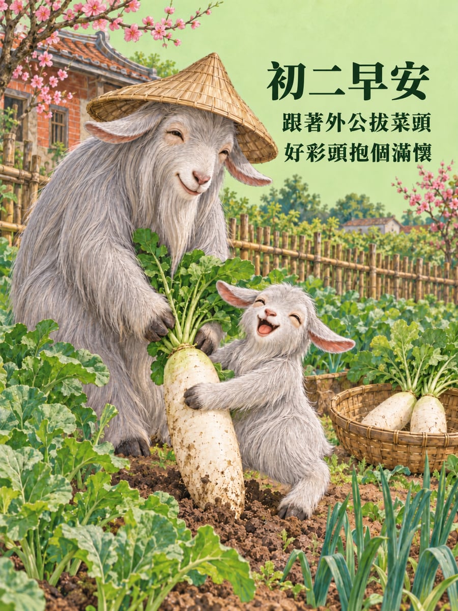 羊外公帶小山羊拔菜頭。圖中文字：初二早安，跟著外公拔菜頭，好彩頭抱個滿懷