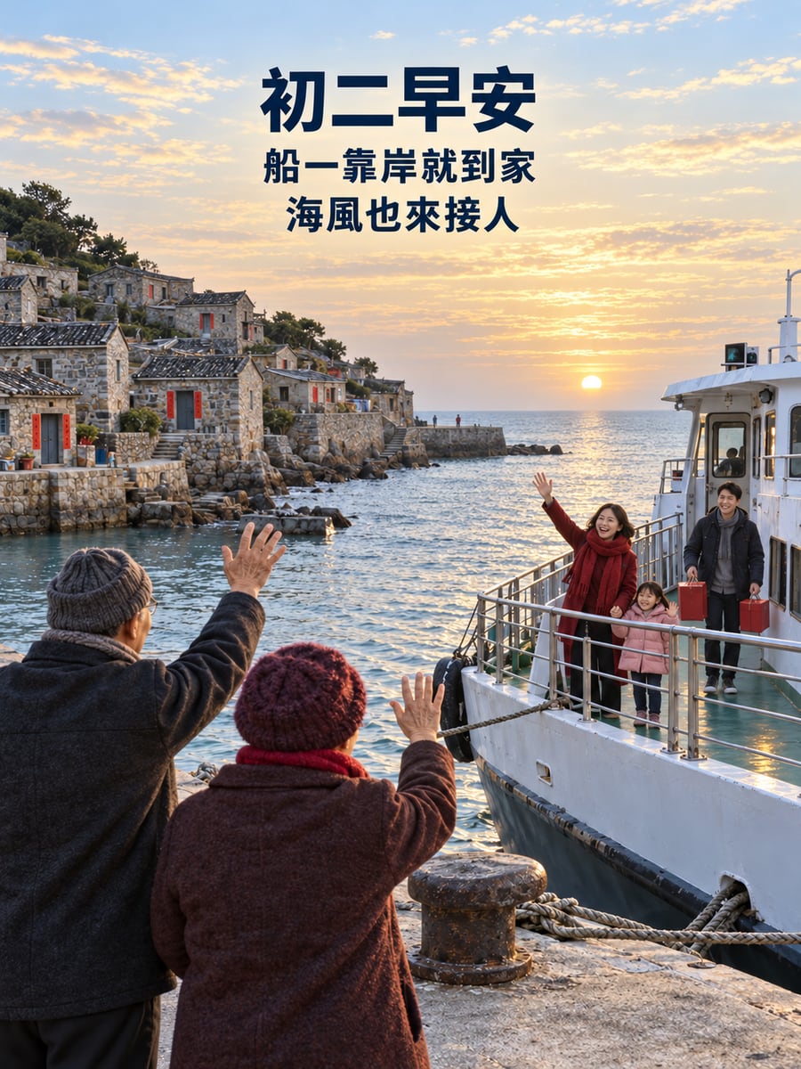 搭船回馬祖娘家。圖中文字：初二早安，船一靠岸就到家，海風也來接人
