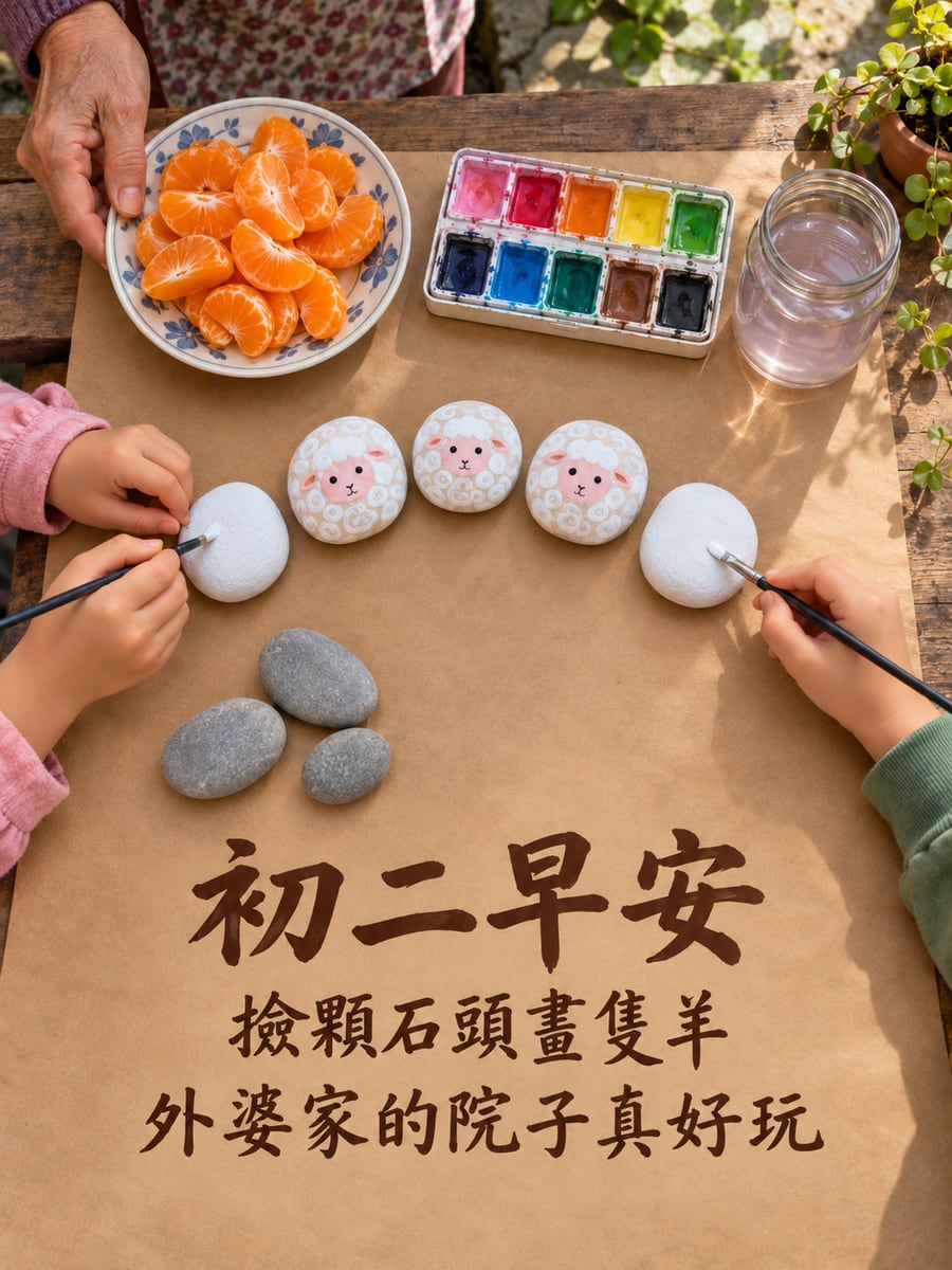 外婆家院子的彩繪石頭羊。圖中文字：初二早安，撿顆石頭畫隻羊，外婆家的院子真好玩