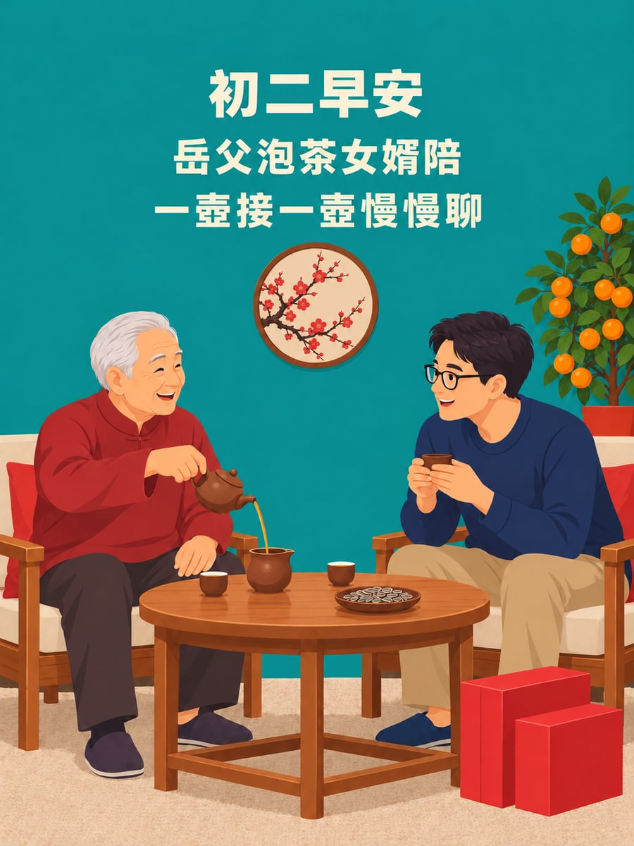 女婿陪岳父泡茶。圖中文字：初二早安，岳父泡茶女婿陪，一壺接一壺慢慢聊