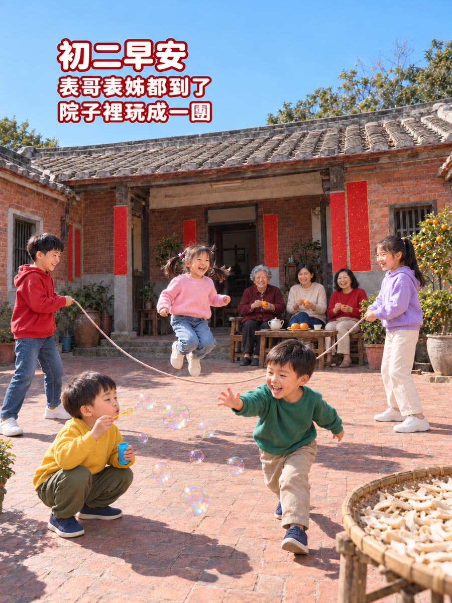 表兄弟姊妹在院子玩成一團。圖中文字：初二早安，表哥表姊都到了，院子裡玩成一團