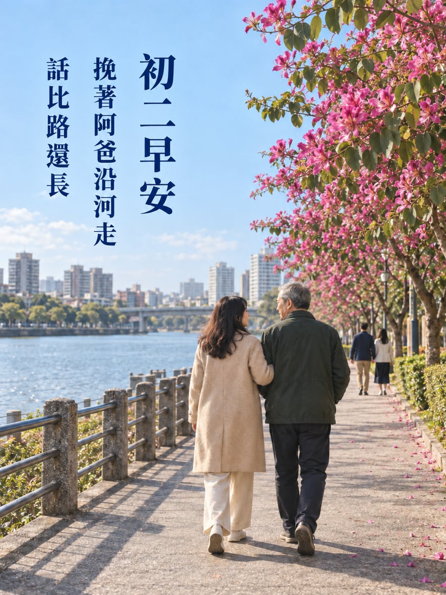 挽著阿爸走河堤。圖中文字：初二早安，挽著阿爸沿河走，話比路還長
