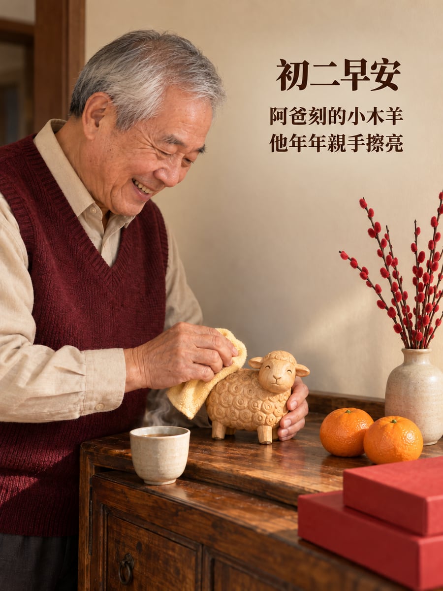 阿爸擦亮親手刻的小木羊。圖中文字：初二早安，阿爸刻的小木羊，他年年親手擦亮