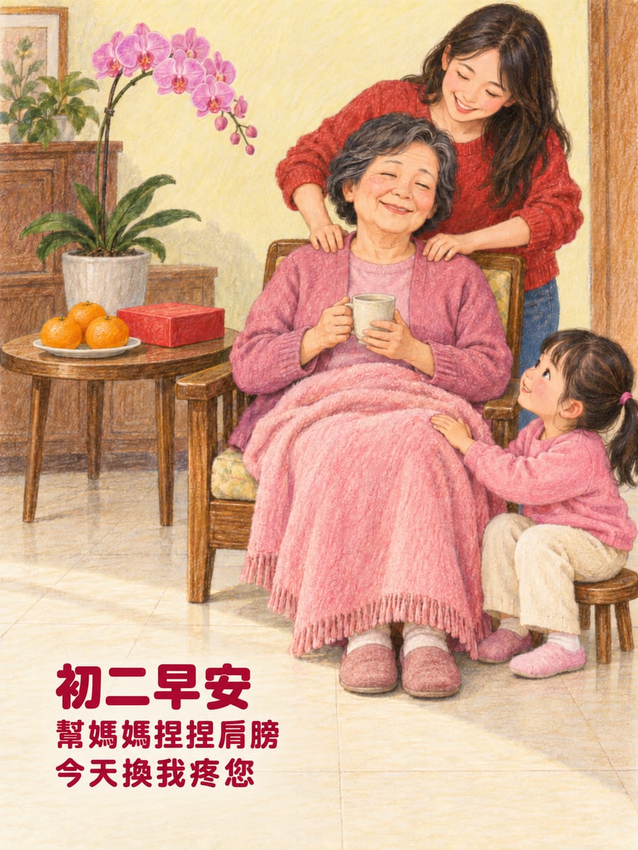 幫媽媽捏捏肩膀。圖中文字：初二早安，幫媽媽捏捏肩膀，今天換我疼您