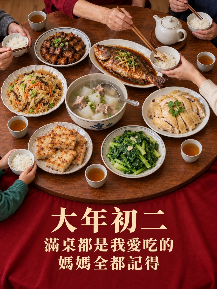 滿桌女兒愛吃的菜。圖中文字：大年初二，滿桌都是我愛吃的，媽媽全都記得