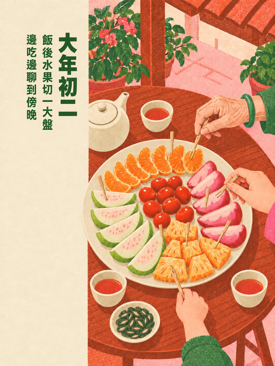 飯後一大盤切好的水果。圖中文字：大年初二，飯後水果切一大盤，邊吃邊聊到傍晚
