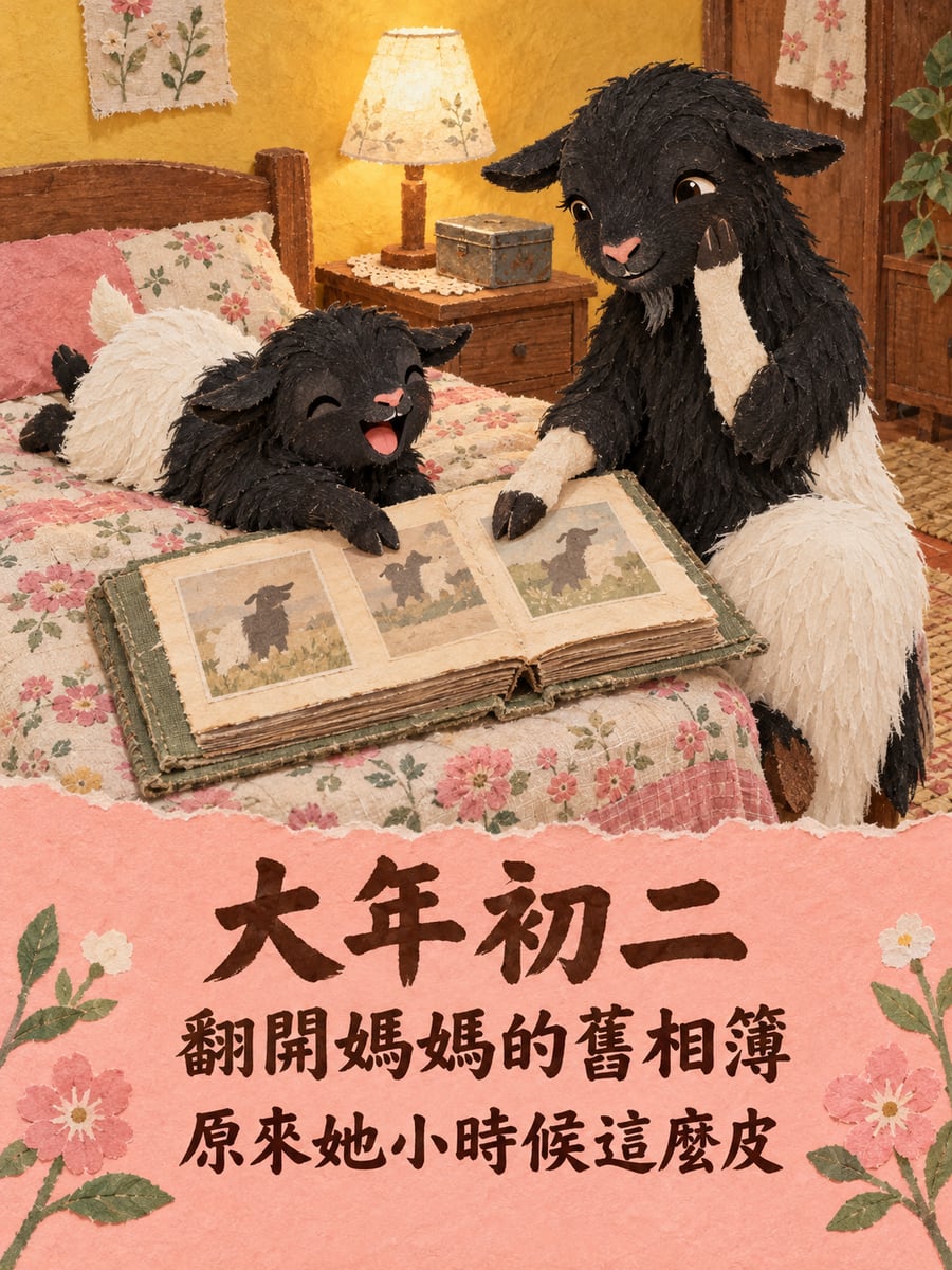 小山羊翻媽媽的舊相簿。圖中文字：大年初二，翻開媽媽的舊相簿，原來她小時候這麼皮