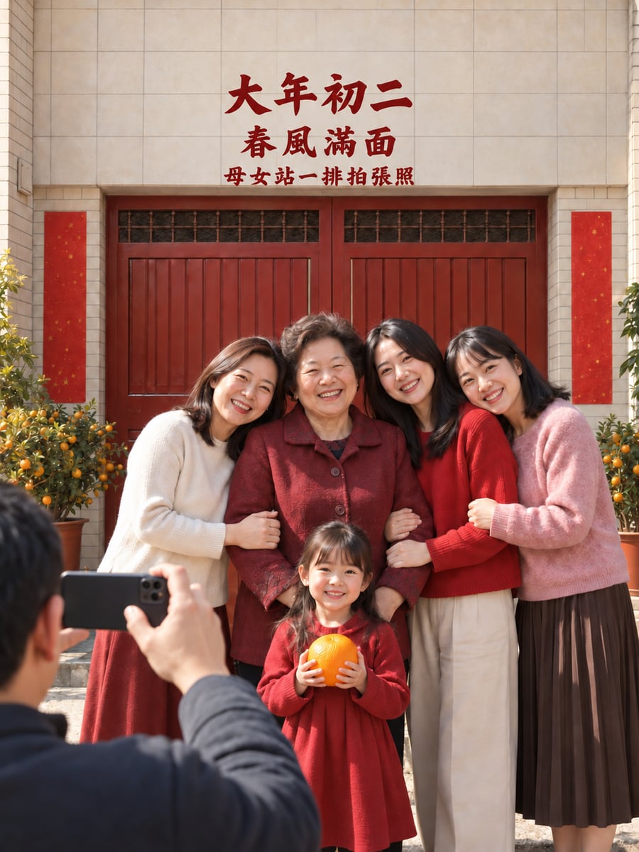 媽媽和女兒們門口合照。圖中文字：大年初二，春風滿面，母女站一排拍張照