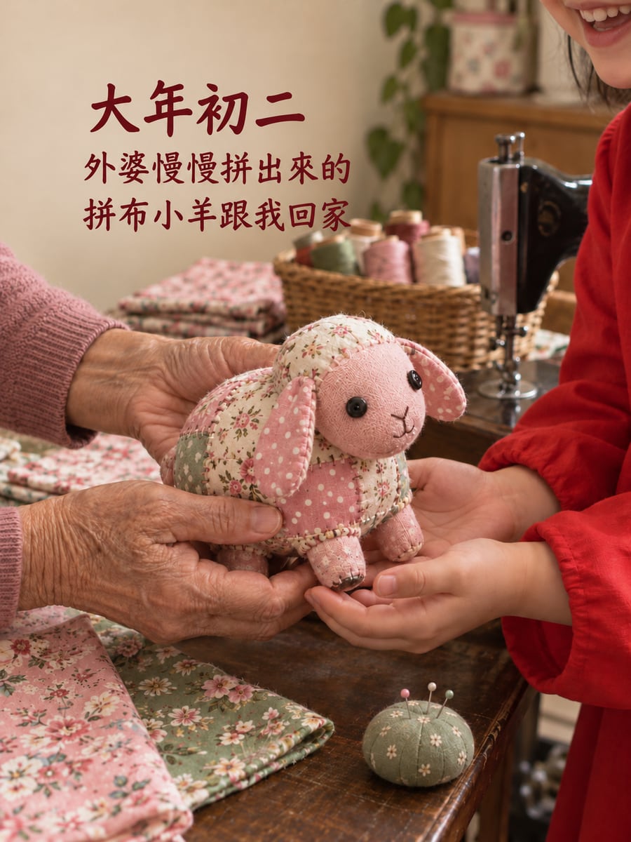 外婆做的拼布小羊。圖中文字：大年初二，外婆慢慢拼出來的，拼布小羊跟我回家
