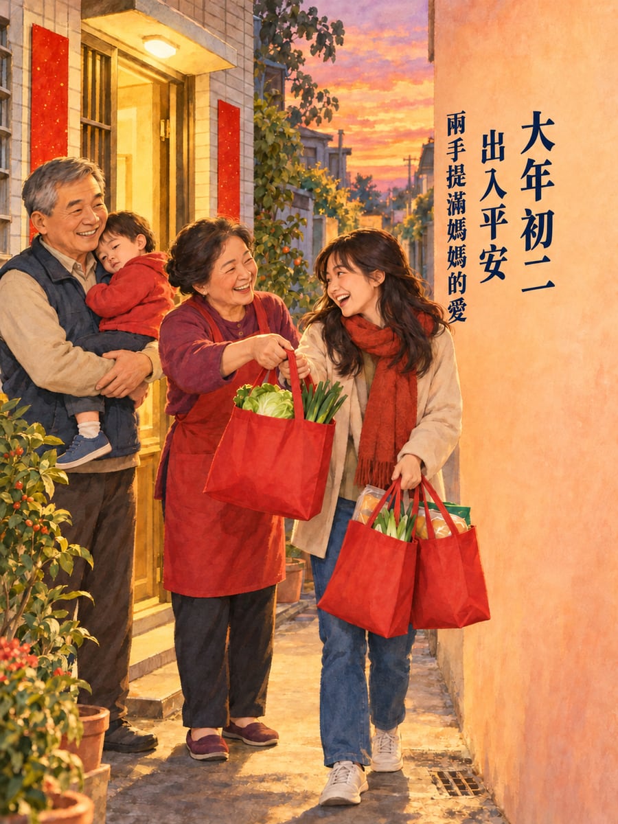 回程媽媽塞的大包小包。圖中文字：大年初二，出入平安，兩手提滿媽媽的愛