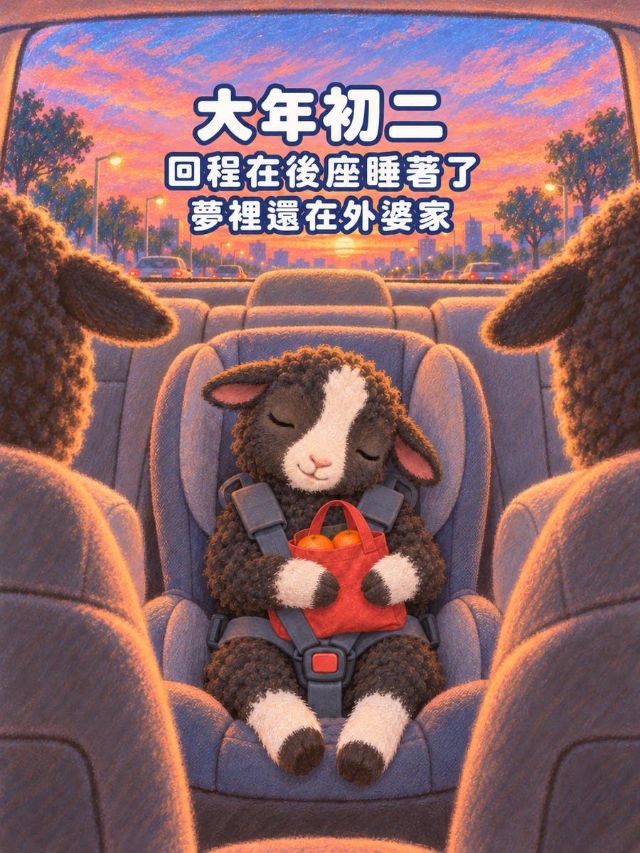 回程在後座睡著的小羊。圖中文字：大年初二，回程在後座睡著了，夢裡還在外婆家
