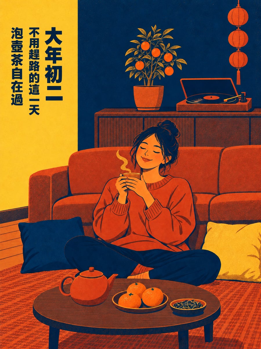 不用趕路的悠閒一天。圖中文字：大年初二，不用趕路的這一天，泡壺茶自在過
