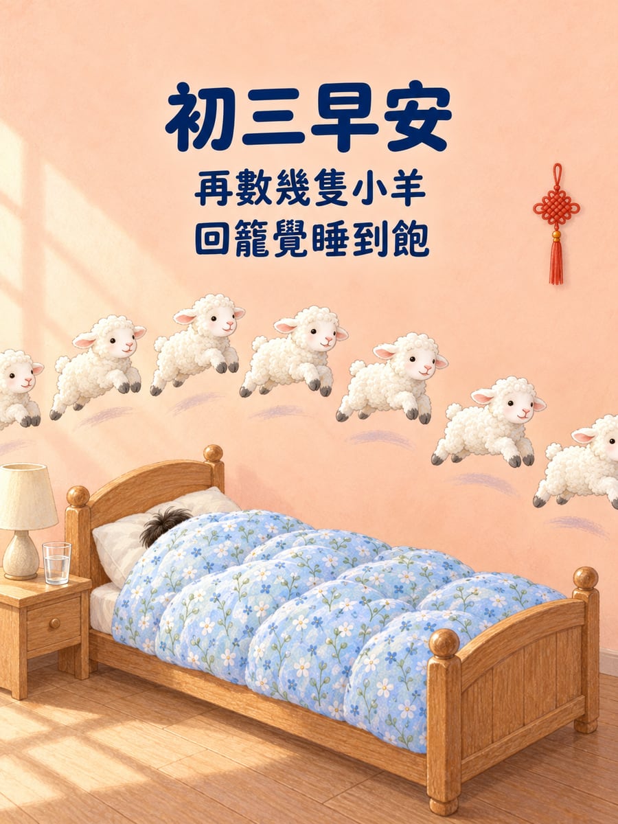 數小羊睡回籠覺。圖中文字：初三早安，再數幾隻小羊，回籠覺睡到飽