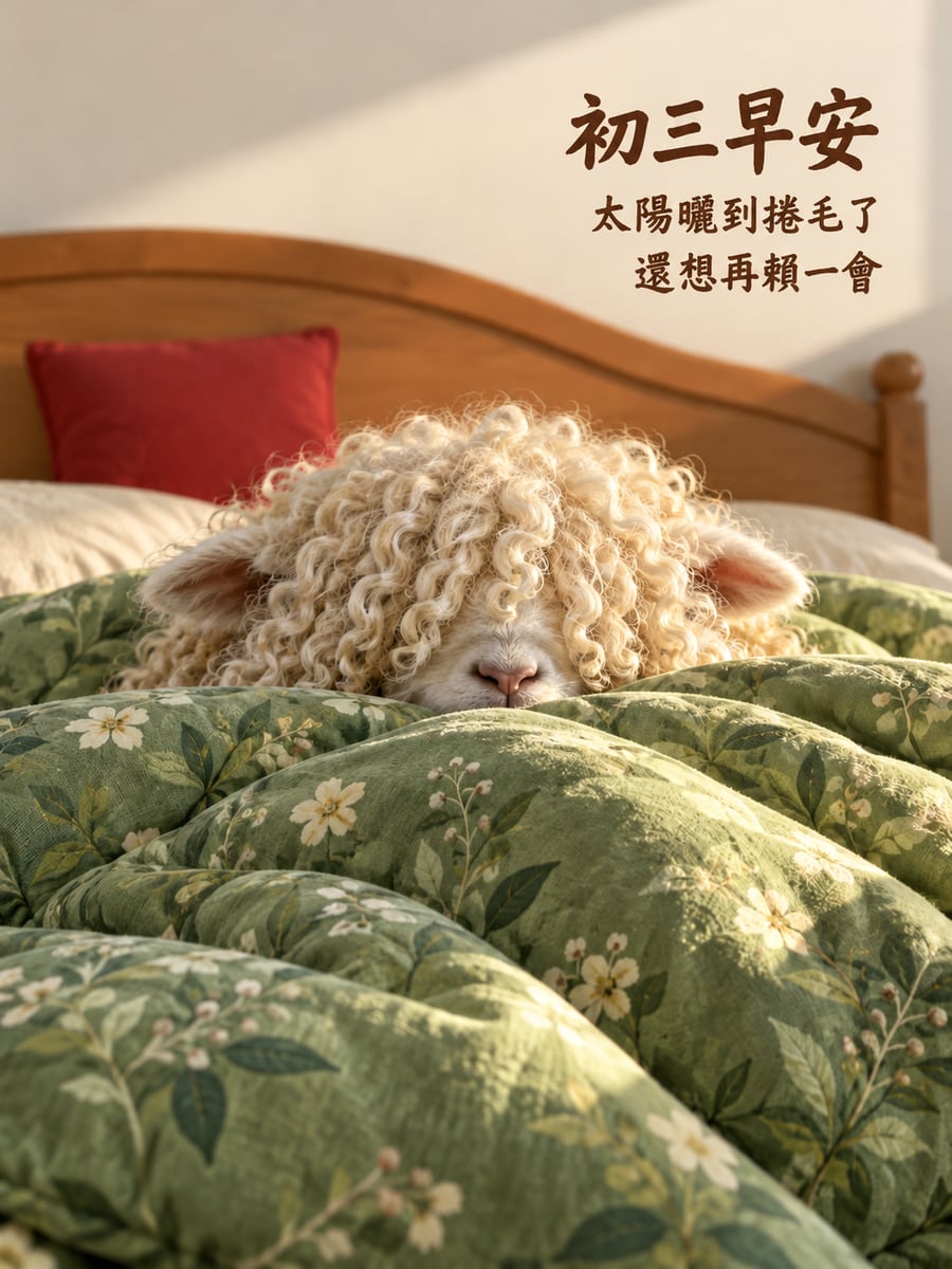 被窩裡只露出捲毛的小羊。圖中文字：初三早安，太陽曬到捲毛了，還想再賴一會