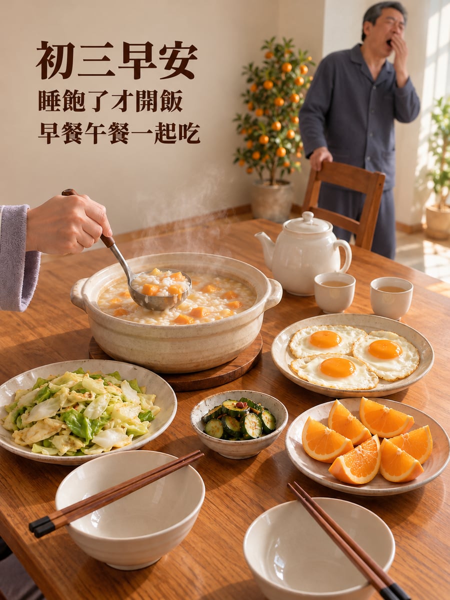 睡飽才開飯的早午餐。圖中文字：初三早安，睡飽了才開飯，早餐午餐一起吃