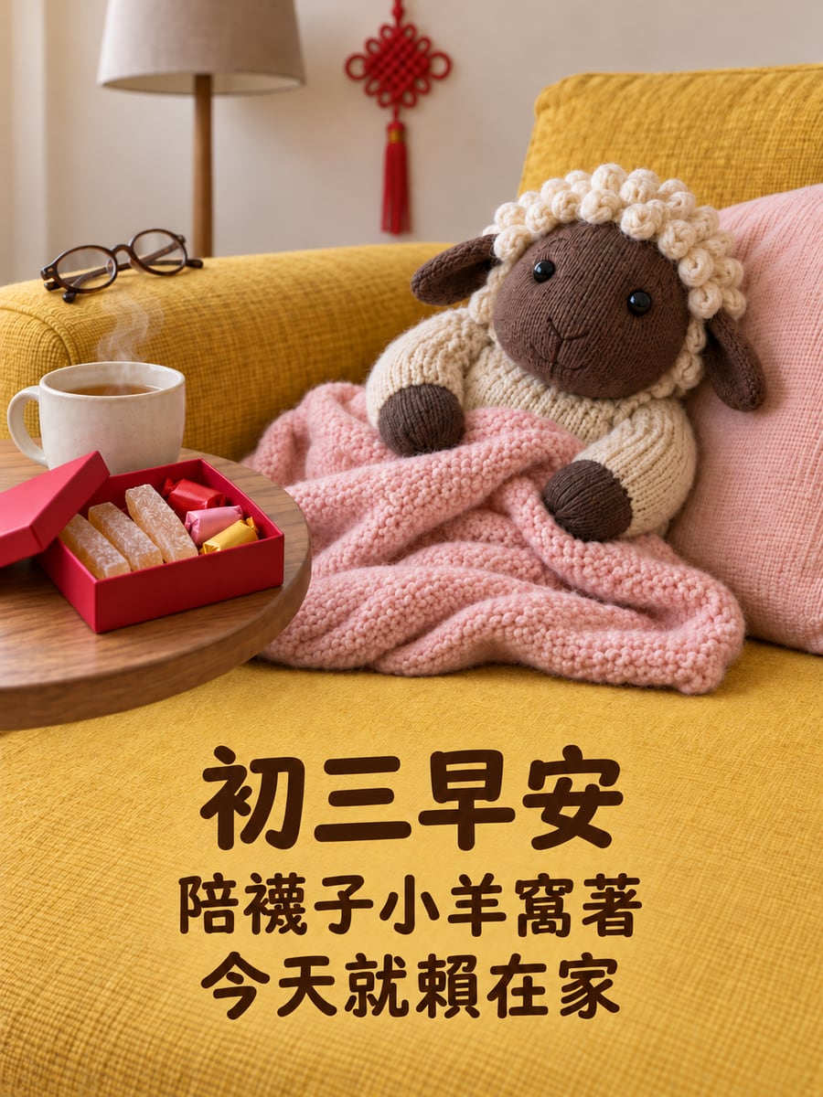 窩在沙發的襪子娃娃羊。圖中文字：初三早安，陪襪子小羊窩著，今天就賴在家