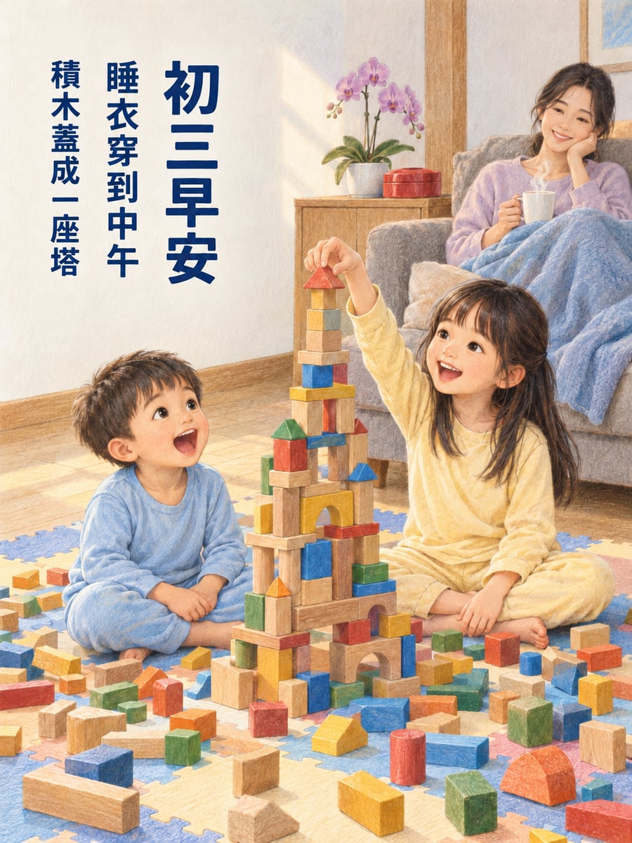 穿睡衣堆積木的姊弟。圖中文字：初三早安，睡衣穿到中午，積木蓋成一座塔