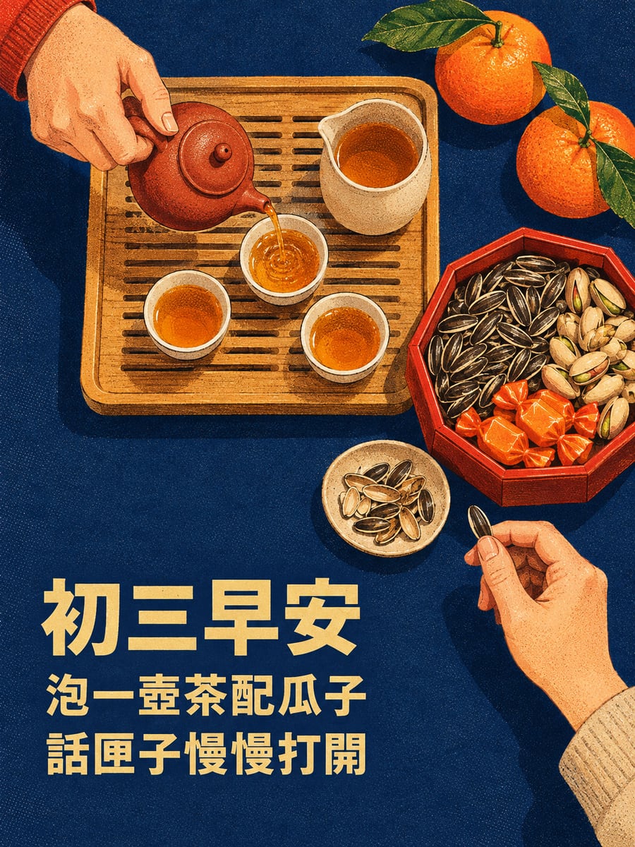 泡茶配瓜子。圖中文字：初三早安，泡一壺茶配瓜子，話匣子慢慢打開