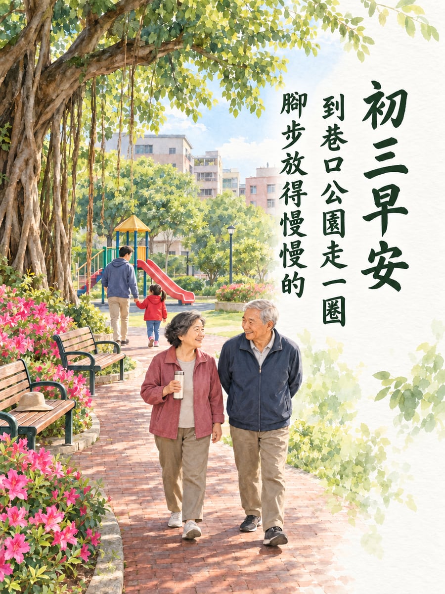 巷口公園慢慢走一圈。圖中文字：初三早安，到巷口公園走一圈，腳步放得慢慢的