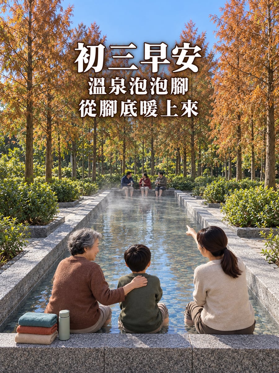 礁溪溫泉泡腳。圖中文字：初三早安，溫泉泡泡腳，從腳底暖上來