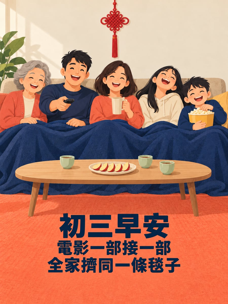 全家擠一條毯子看電影。圖中文字：初三早安，電影一部接一部，全家擠同一條毯子