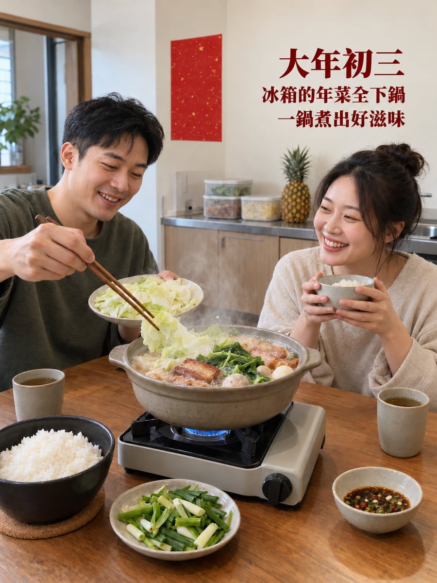 年菜全下鍋的小火鍋。圖中文字：大年初三，冰箱的年菜全下鍋，一鍋煮出好滋味