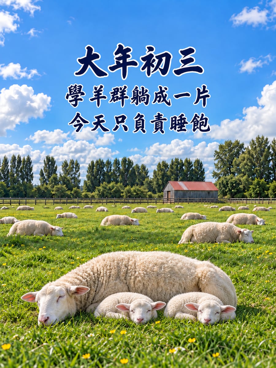 紐西蘭牧場午睡的綿羊。圖中文字：大年初三，學羊群躺成一片，今天只負責睡飽
