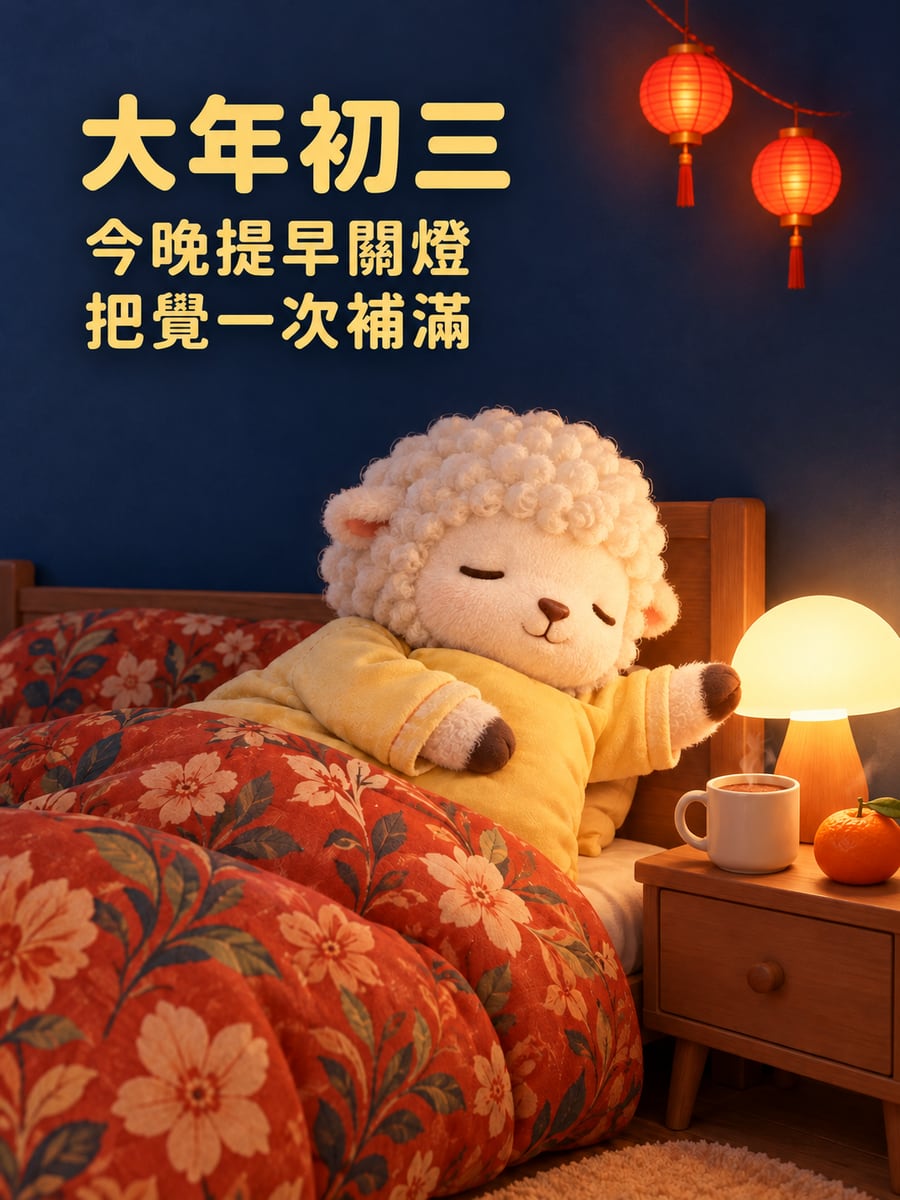 提早關燈睡覺的小羊。圖中文字：大年初三，今晚提早關燈，把覺一次補滿