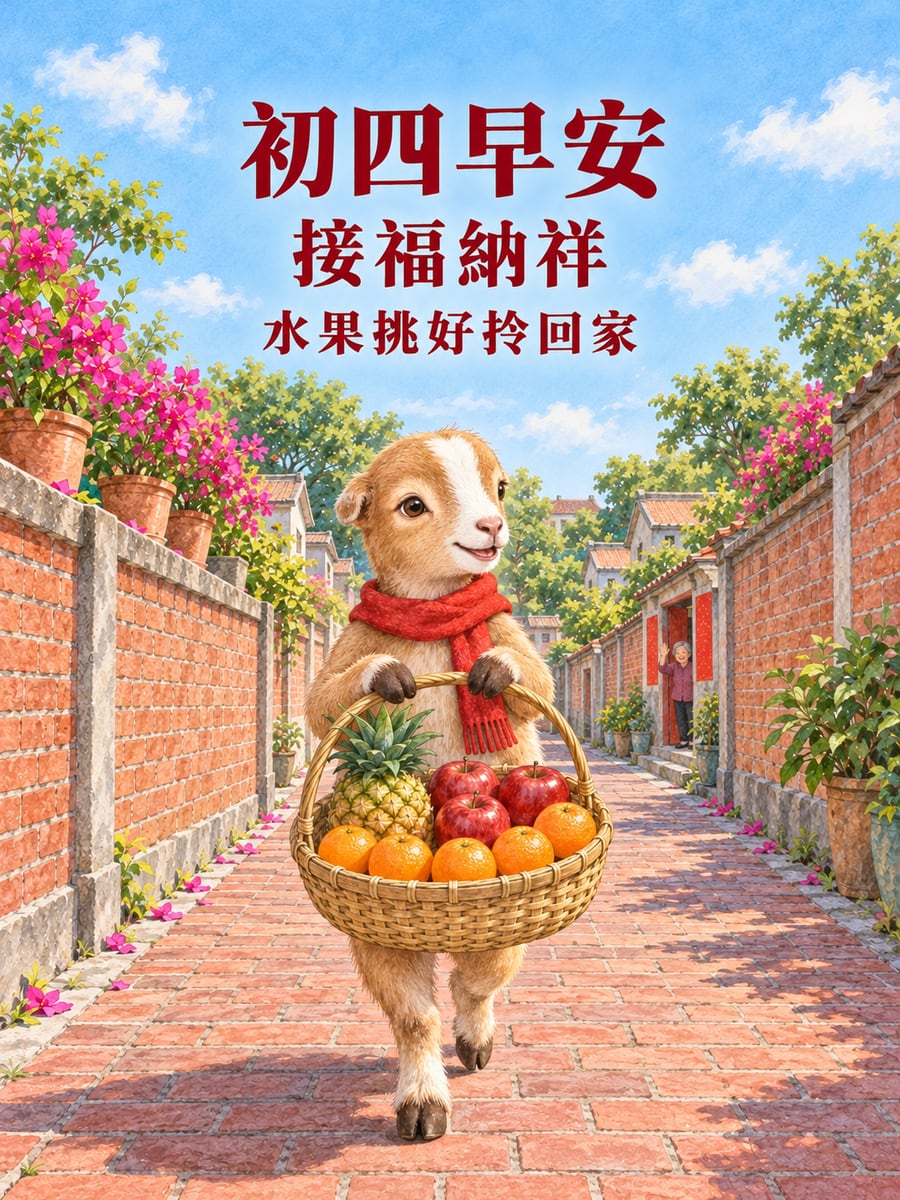提水果籃回家的小羊。圖中文字：初四早安，接福納祥，水果挑好拎回家
